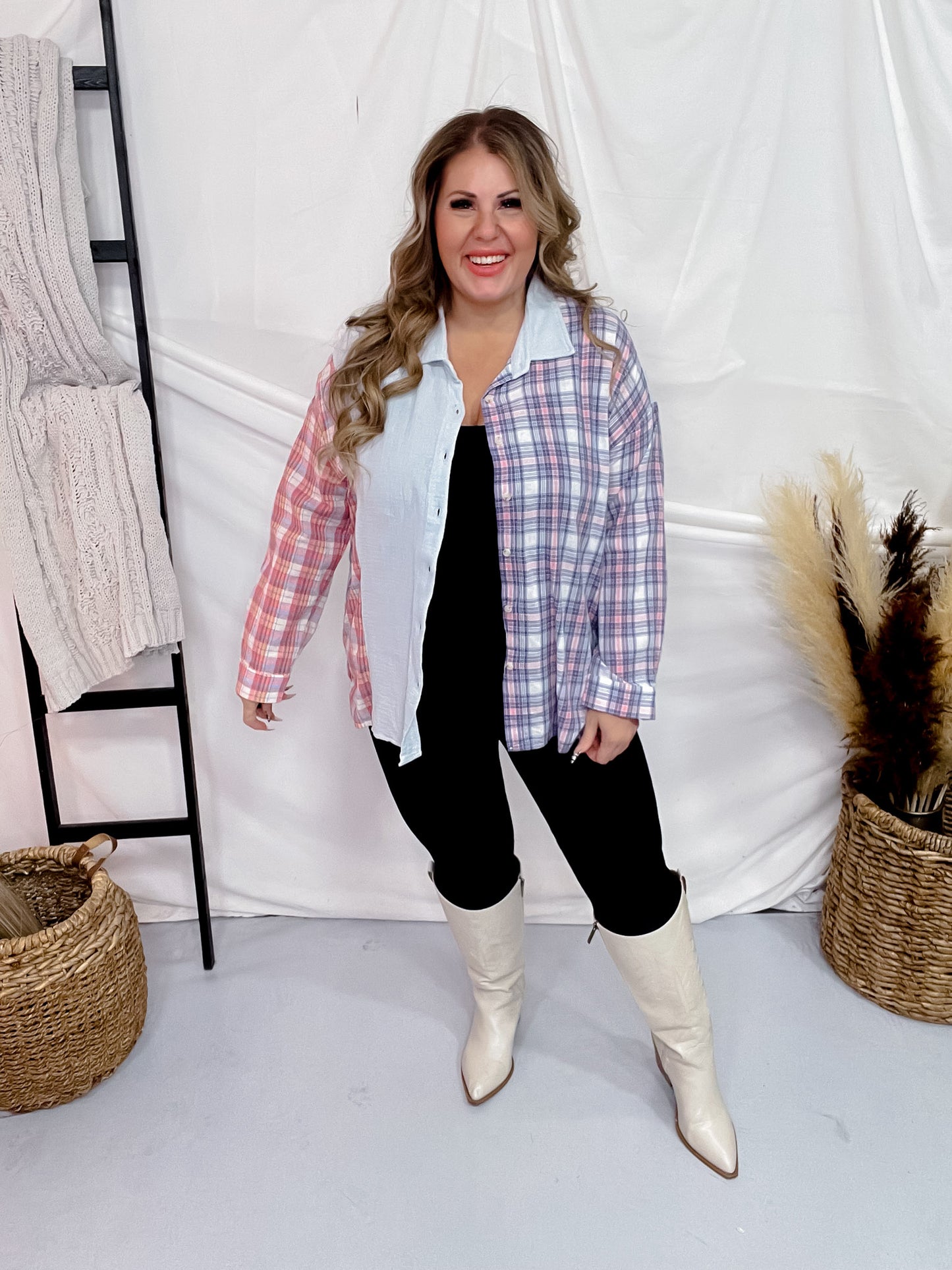Color Block Plaid & Solid Long Sleeve Button Down Top FINAL SALE