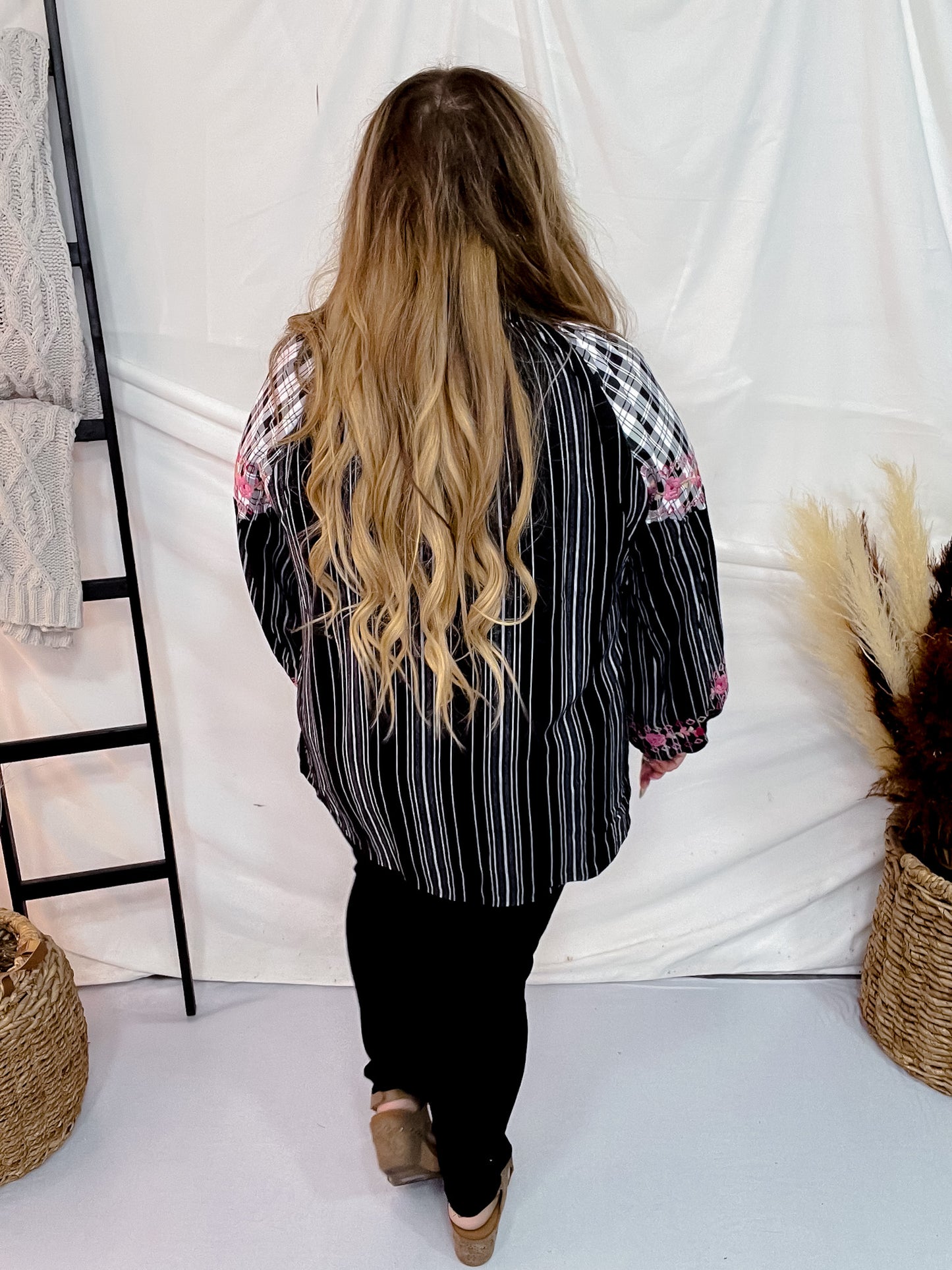 Plaid & Stripe Blouse with Embroidered Florals