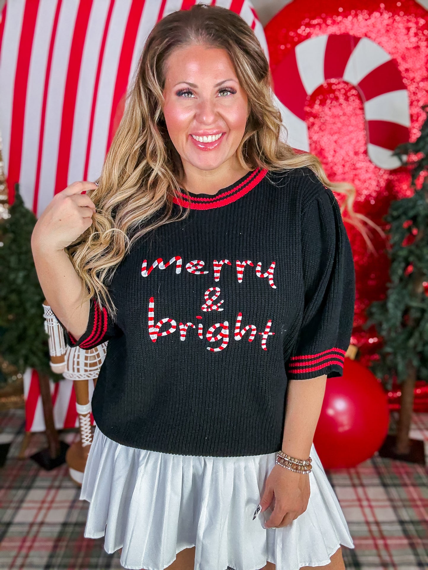 "Merry & Bright" Sweater With Short Puff Sleeves