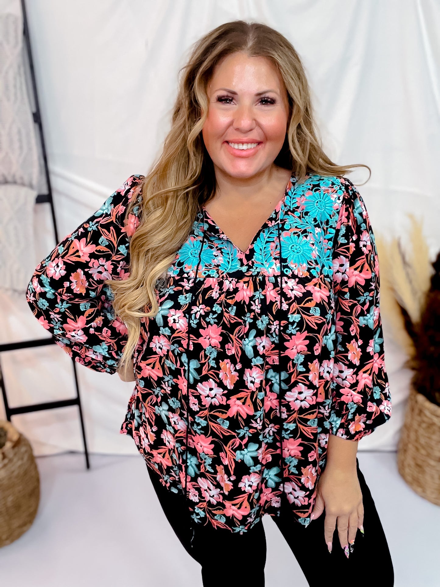 Black & Turquoise Floral Print Top