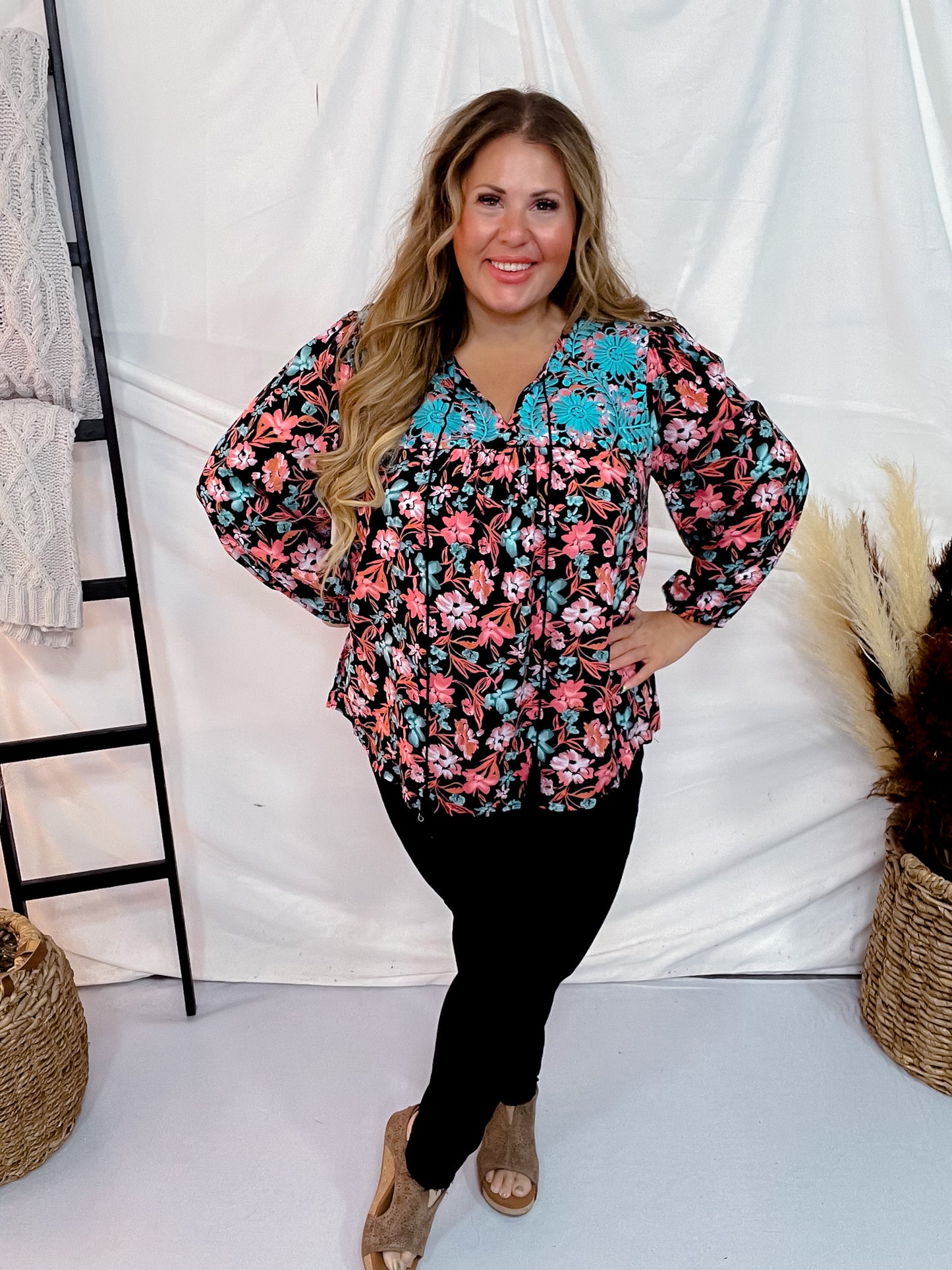Black & Turquoise Floral Print Top