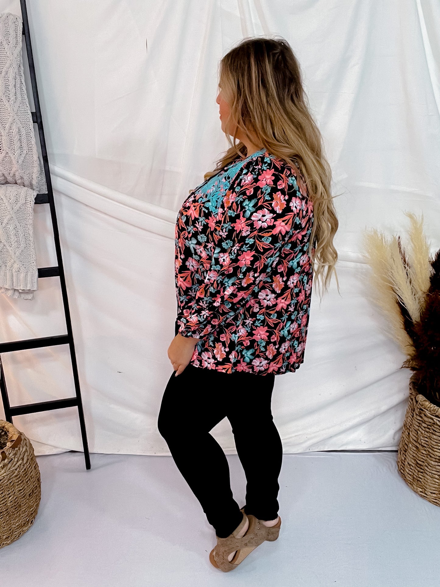 Black & Turquoise Floral Print Top