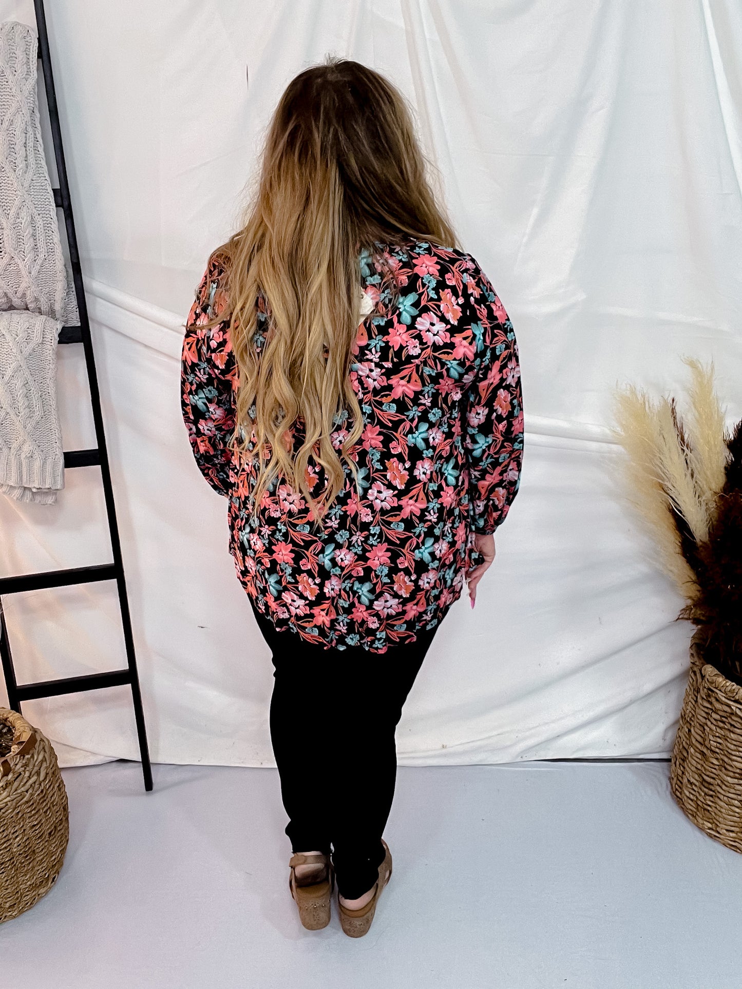 Black & Turquoise Floral Print Top