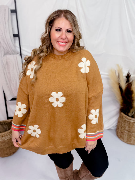 Flower Pattern 3/4 Wide Sleeve Knit Sweater