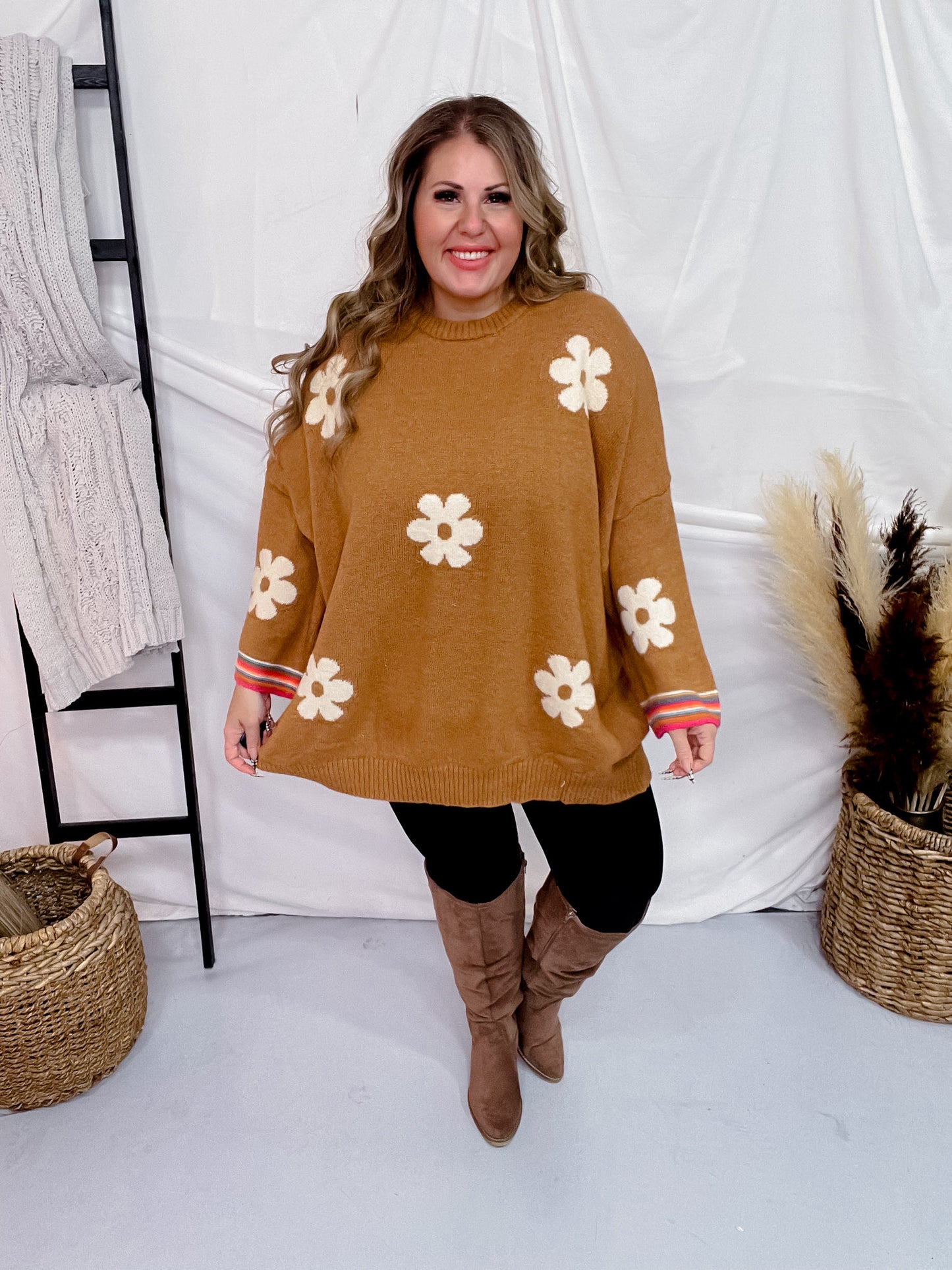 Flower Pattern 3/4 Wide Sleeve Knit Sweater