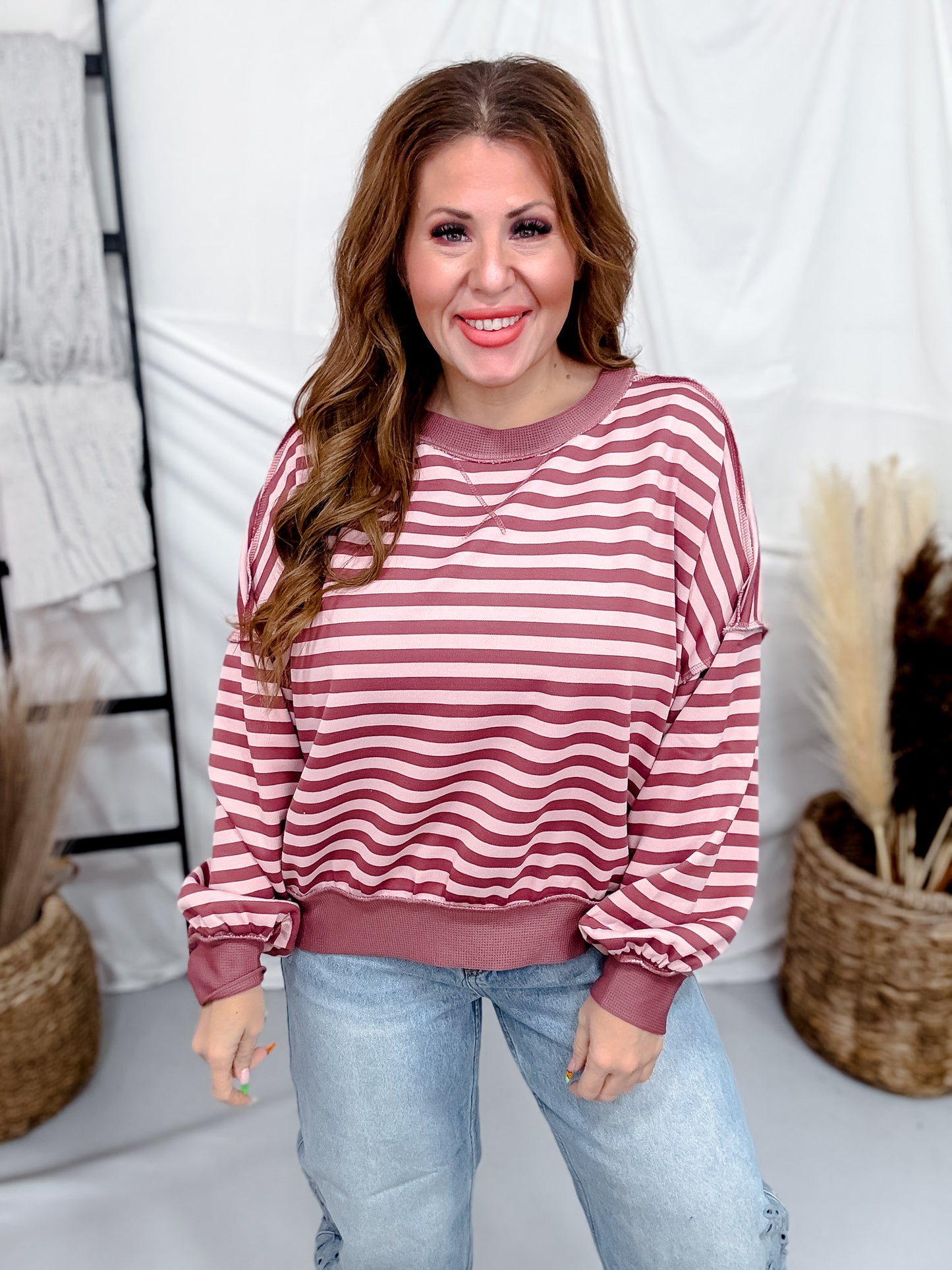 Mauve & Pink Striped Crew Neck Sweatshirt