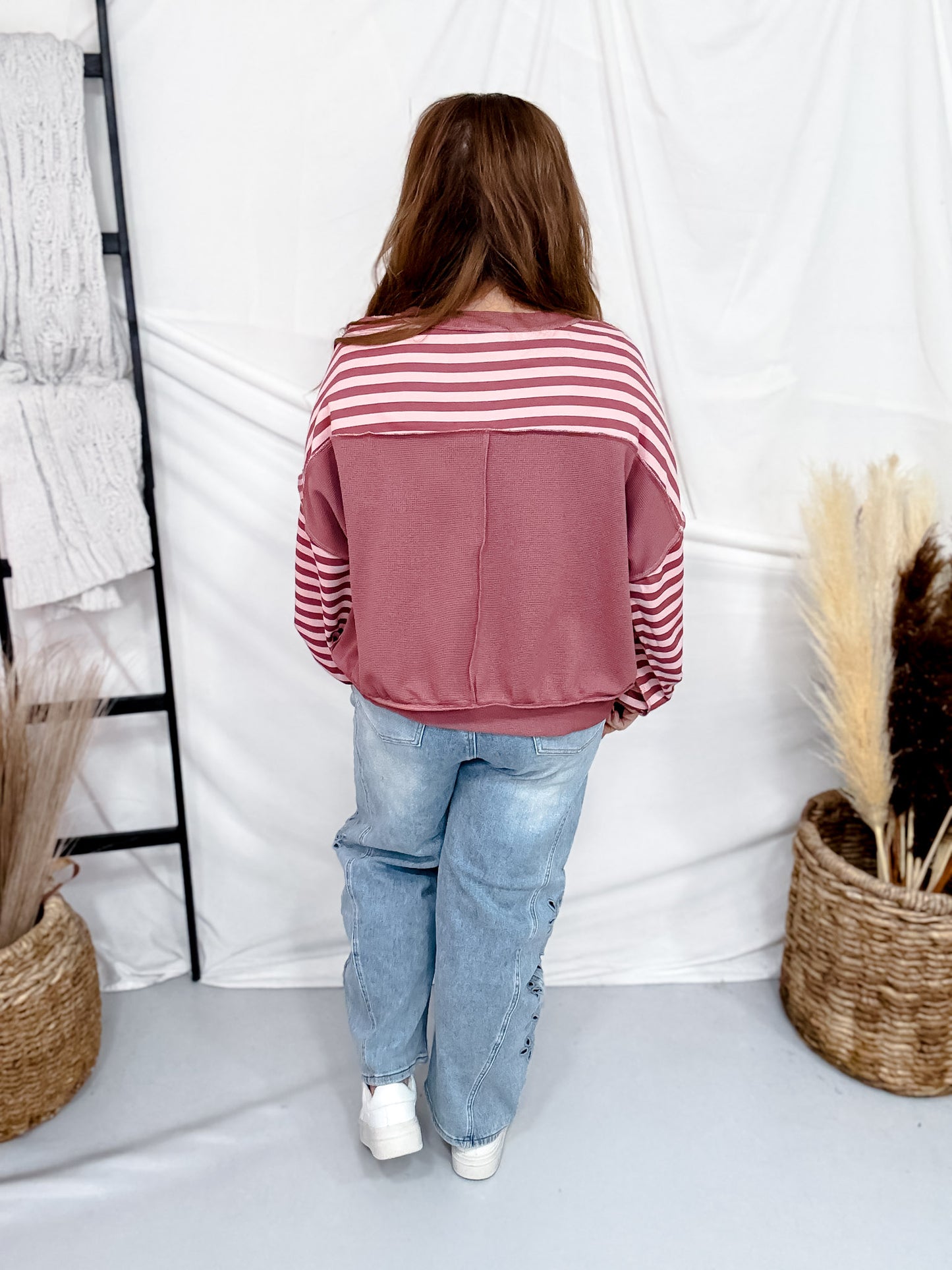 Mauve & Pink Striped Crew Neck Sweatshirt