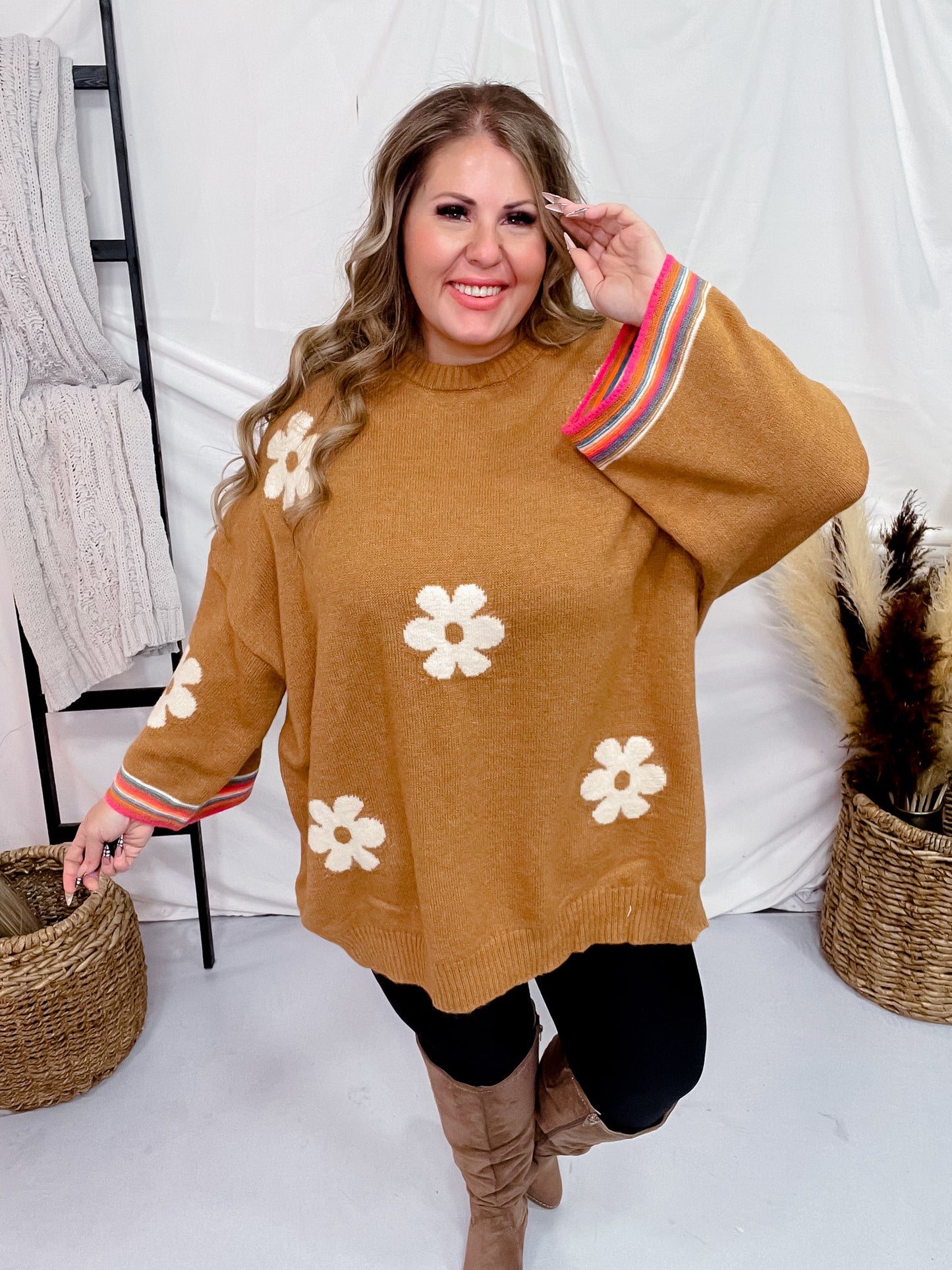 Flower Pattern 3/4 Wide Sleeve Knit Sweater