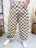 Mocha & White Checkered Barrel Leg Pants