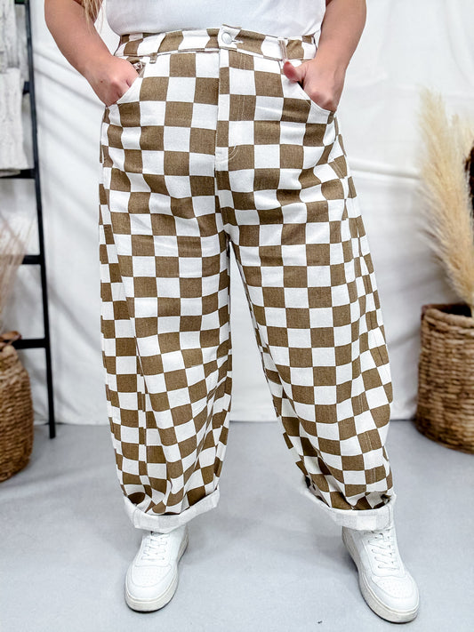 Mocha & White Checkered Barrel Leg Pants