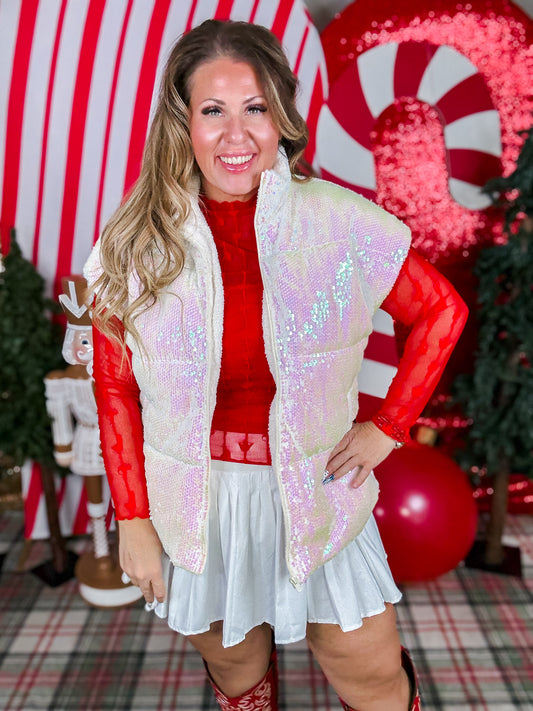 White Sequin Sleeveless Puffer Vest