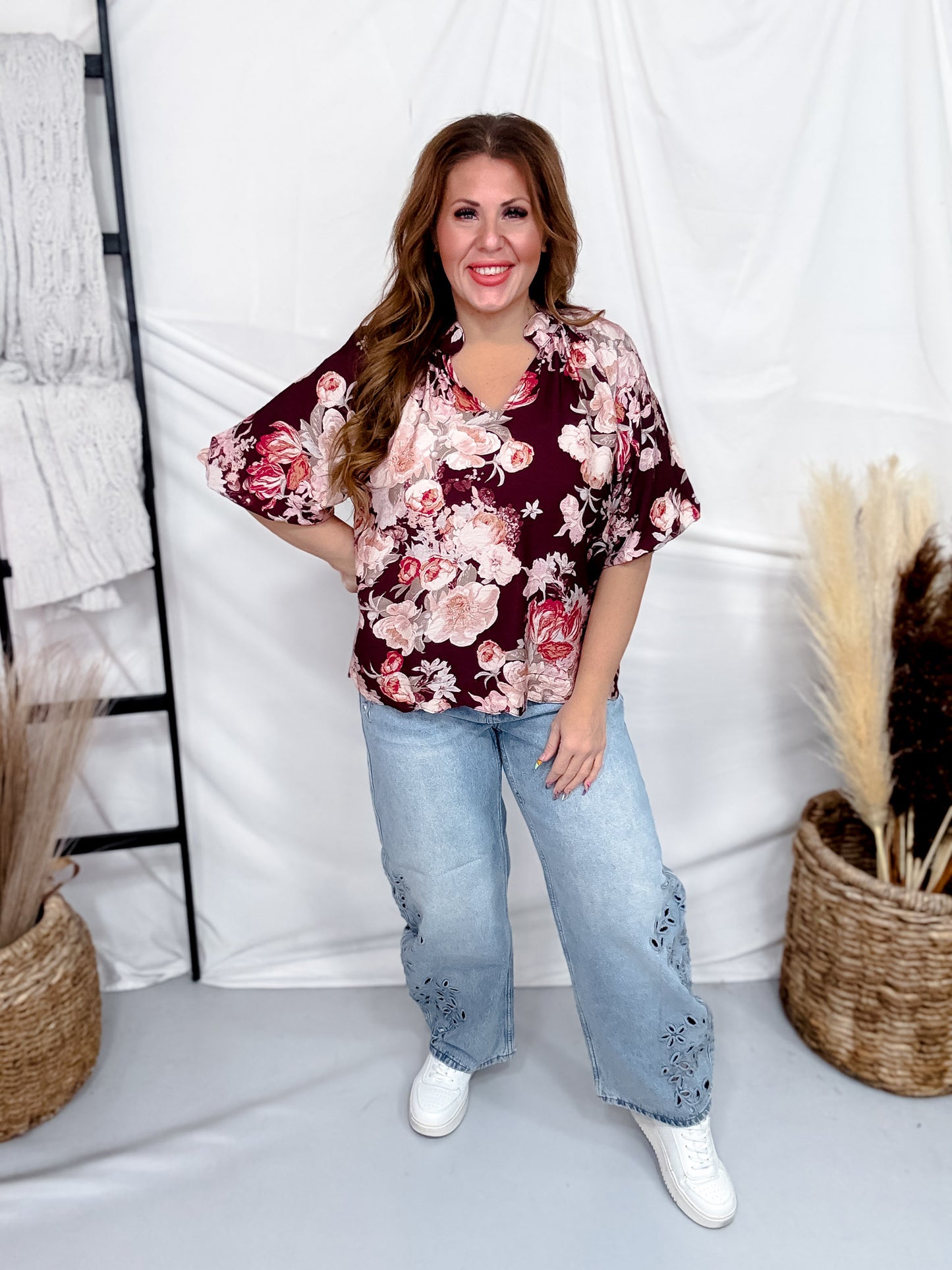 Burgundy Puff Sleeve Floral Print Top