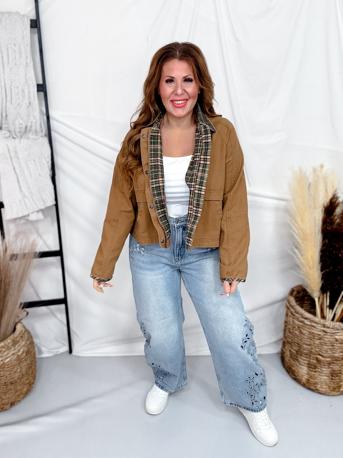 Olive Green Barn Jacket With Plaid Collar & Cuffs