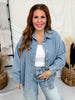 Denim Long Sleeve Button Up Top W/ Aztec Print Back