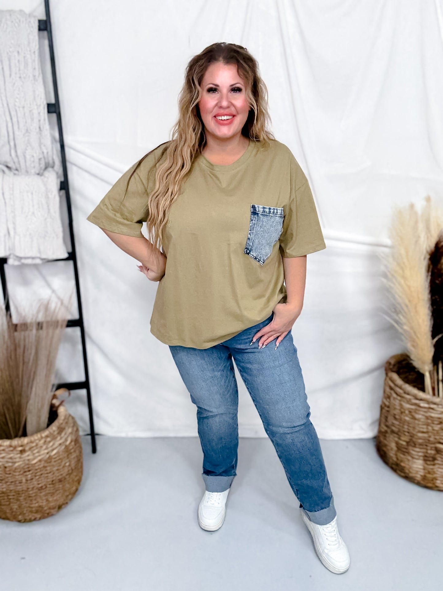 Crewneck Denim Pocket Olive Tunic Top