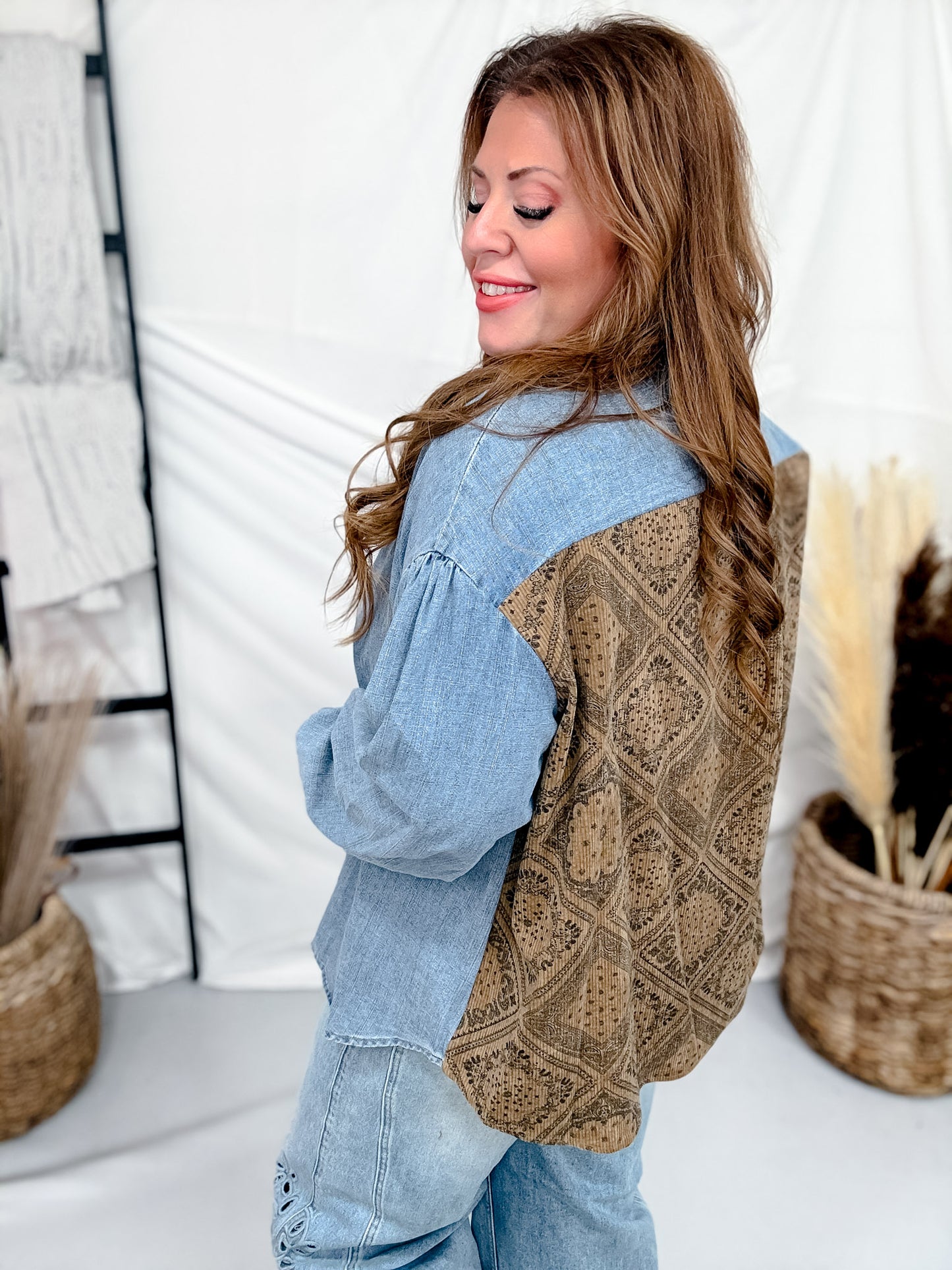 Denim Long Sleeve Button Up Top W/ Aztec Print Back