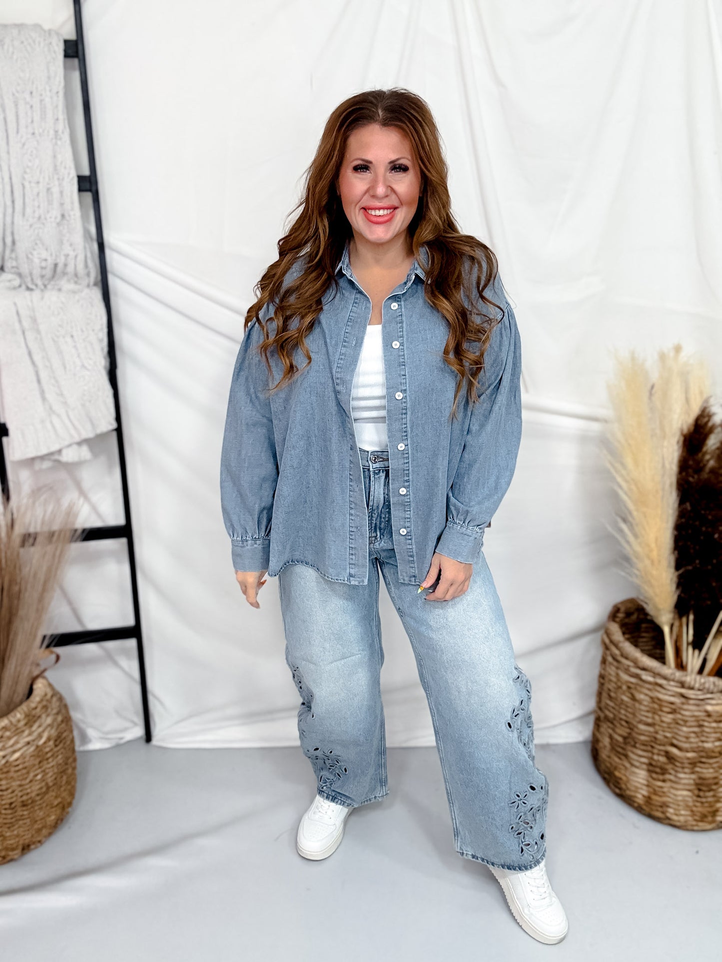 Denim Long Sleeve Button Up Top W/ Aztec Print Back