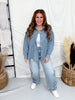 Denim Long Sleeve Button Up Top W/ Aztec Print Back