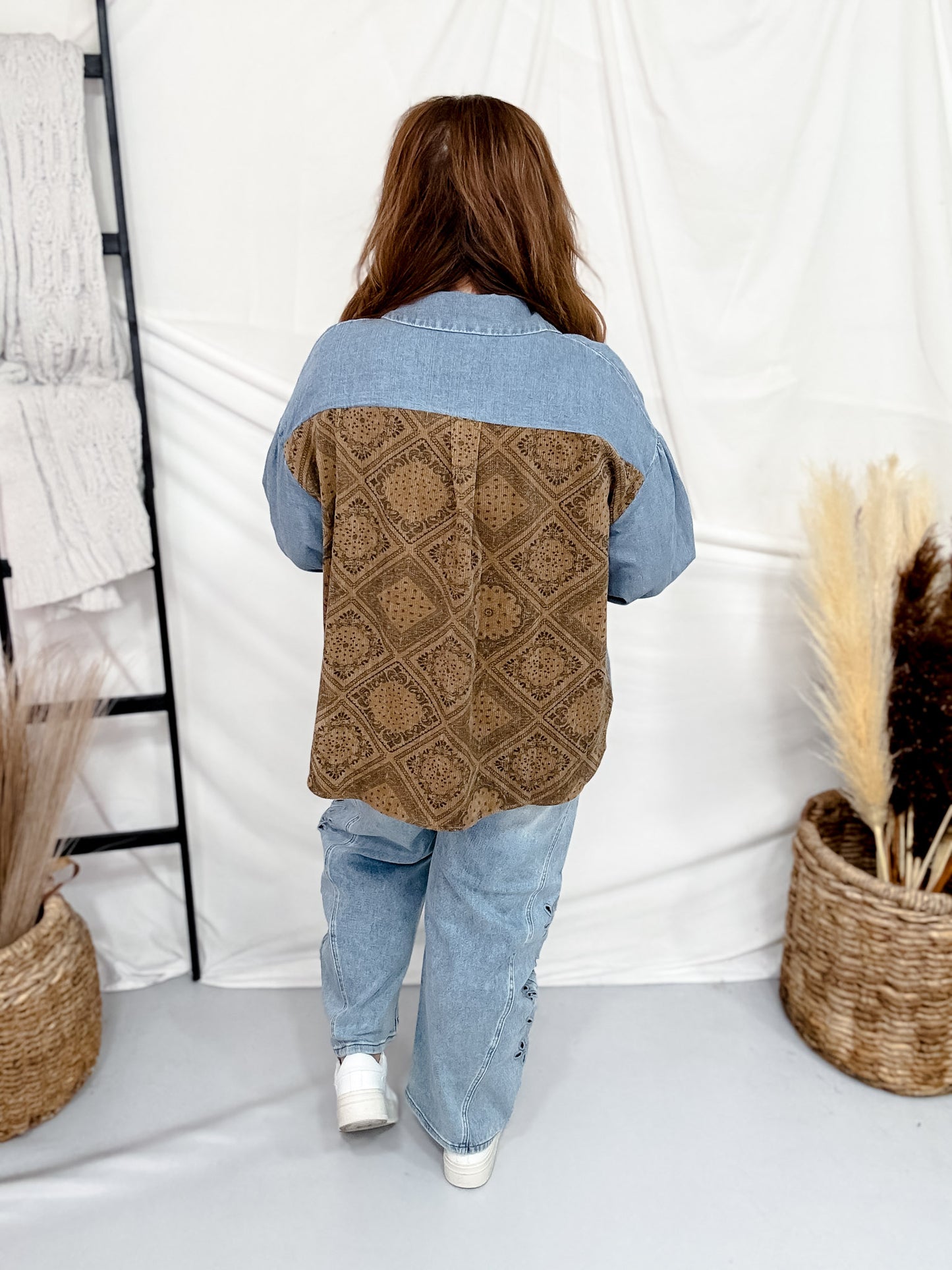 Denim Long Sleeve Button Up Top W/ Aztec Print Back