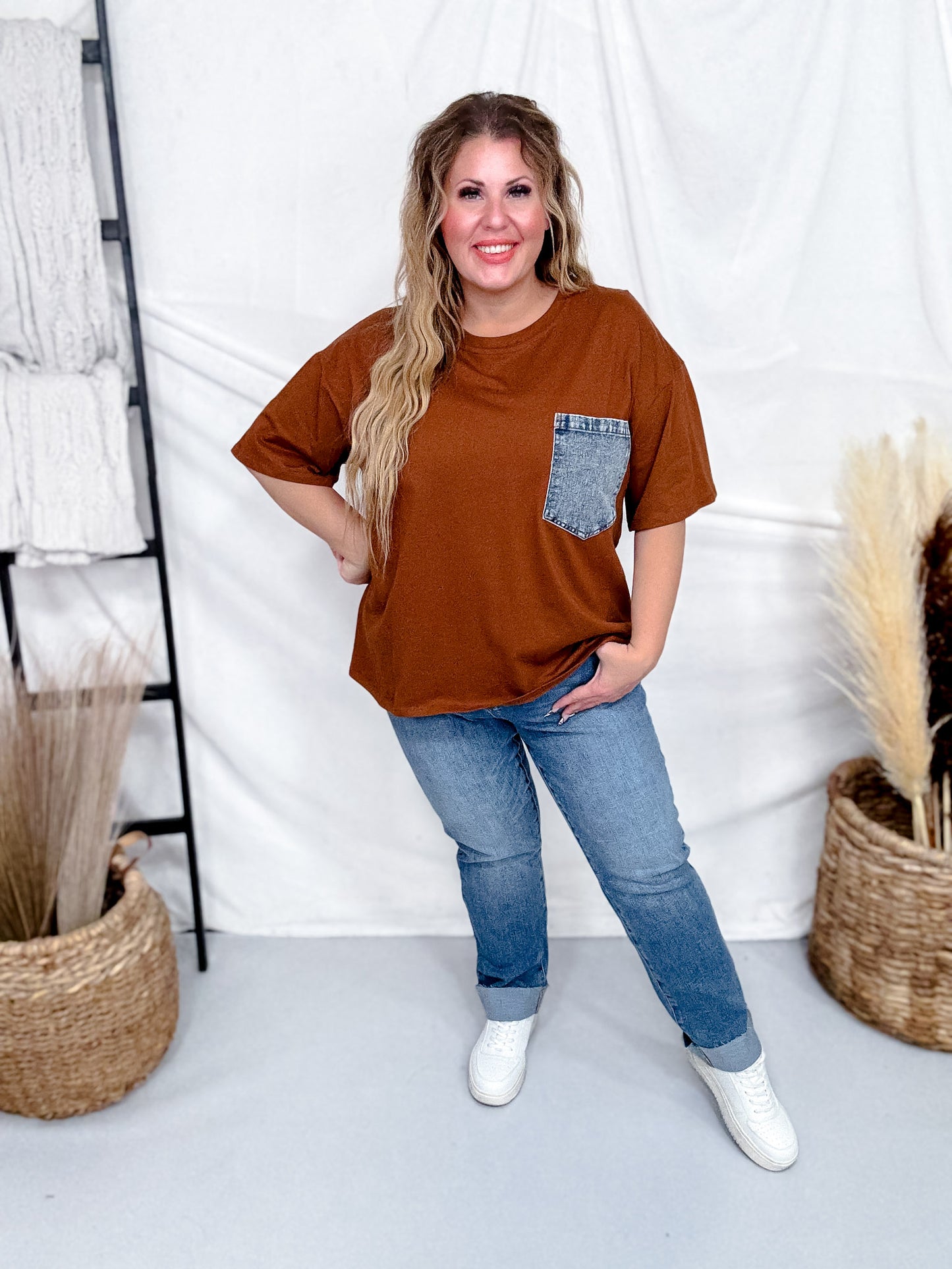 Crewneck Denim Pocket Brown Tunic Top