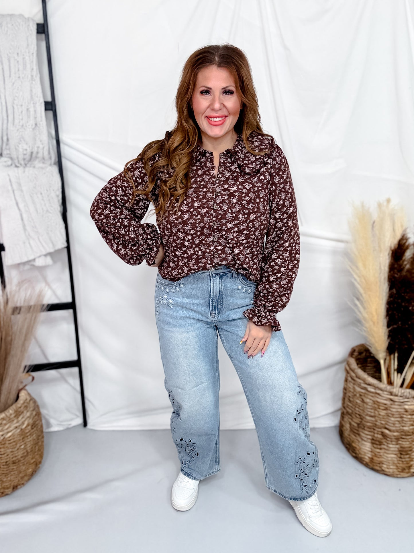 Long Sleeve Deep Brown Floral Blouse