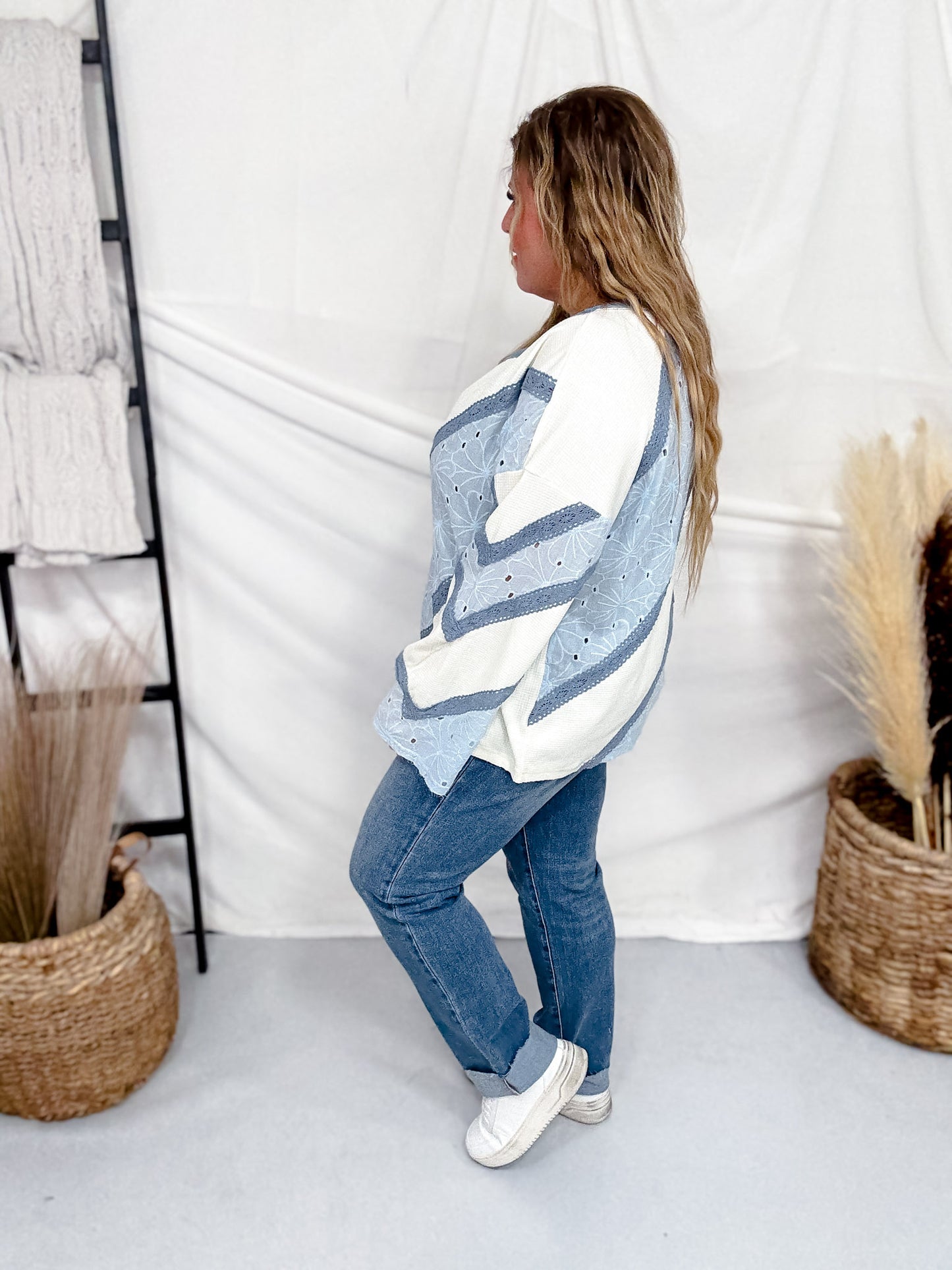 Long Sleeve Top With Chevron Lace Panels & Scalloped Eyelet Details