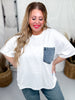 White Short Sleeve Top with Denim Front Pocket