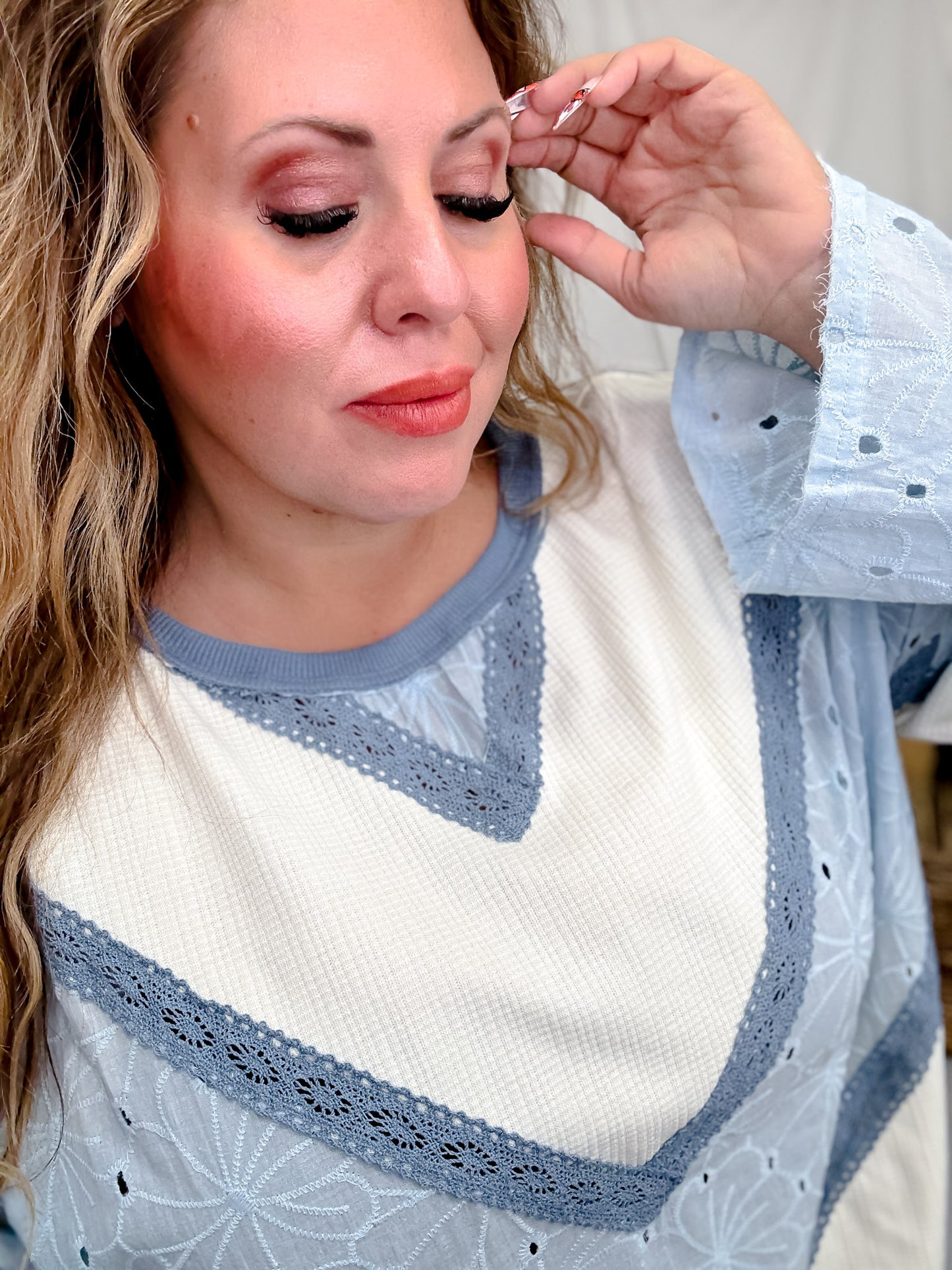 Long Sleeve Top With Chevron Lace Panels & Scalloped Eyelet Details