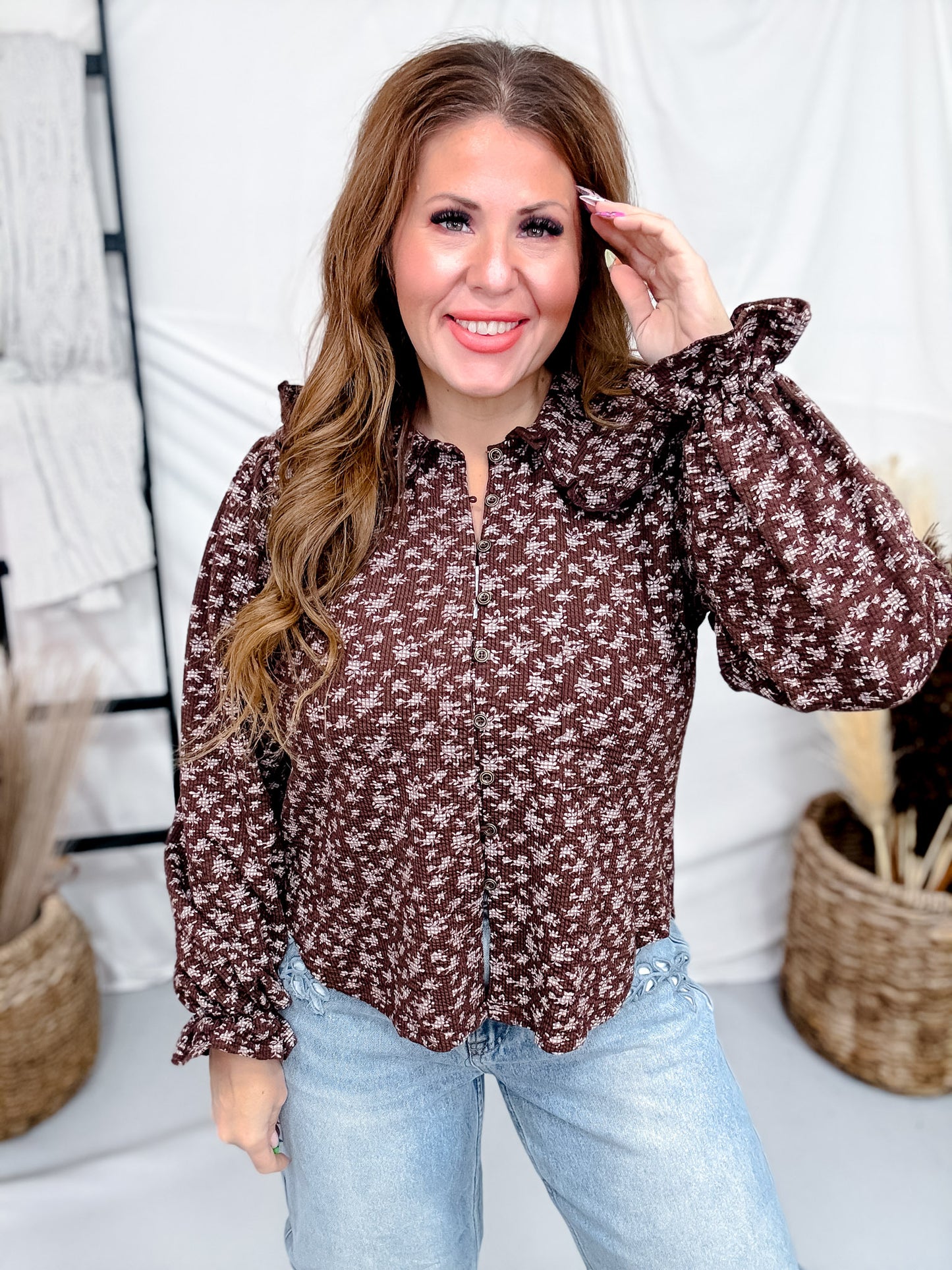 Long Sleeve Deep Brown Floral Blouse