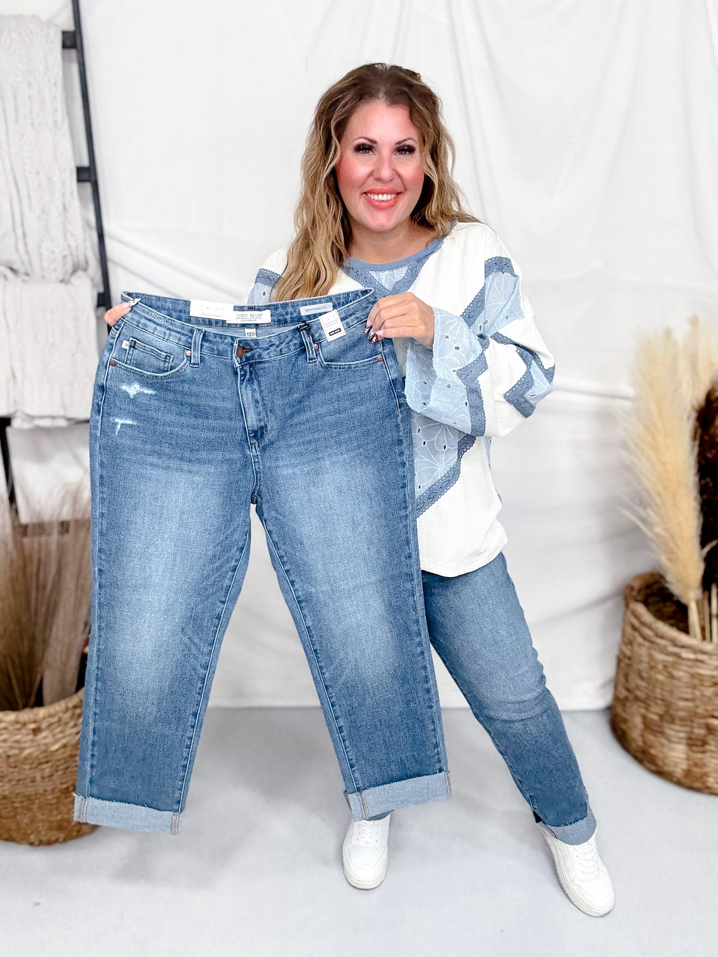 Judy Blue High-Waist Boyfriend Criss-Cross Waist Band Jeans