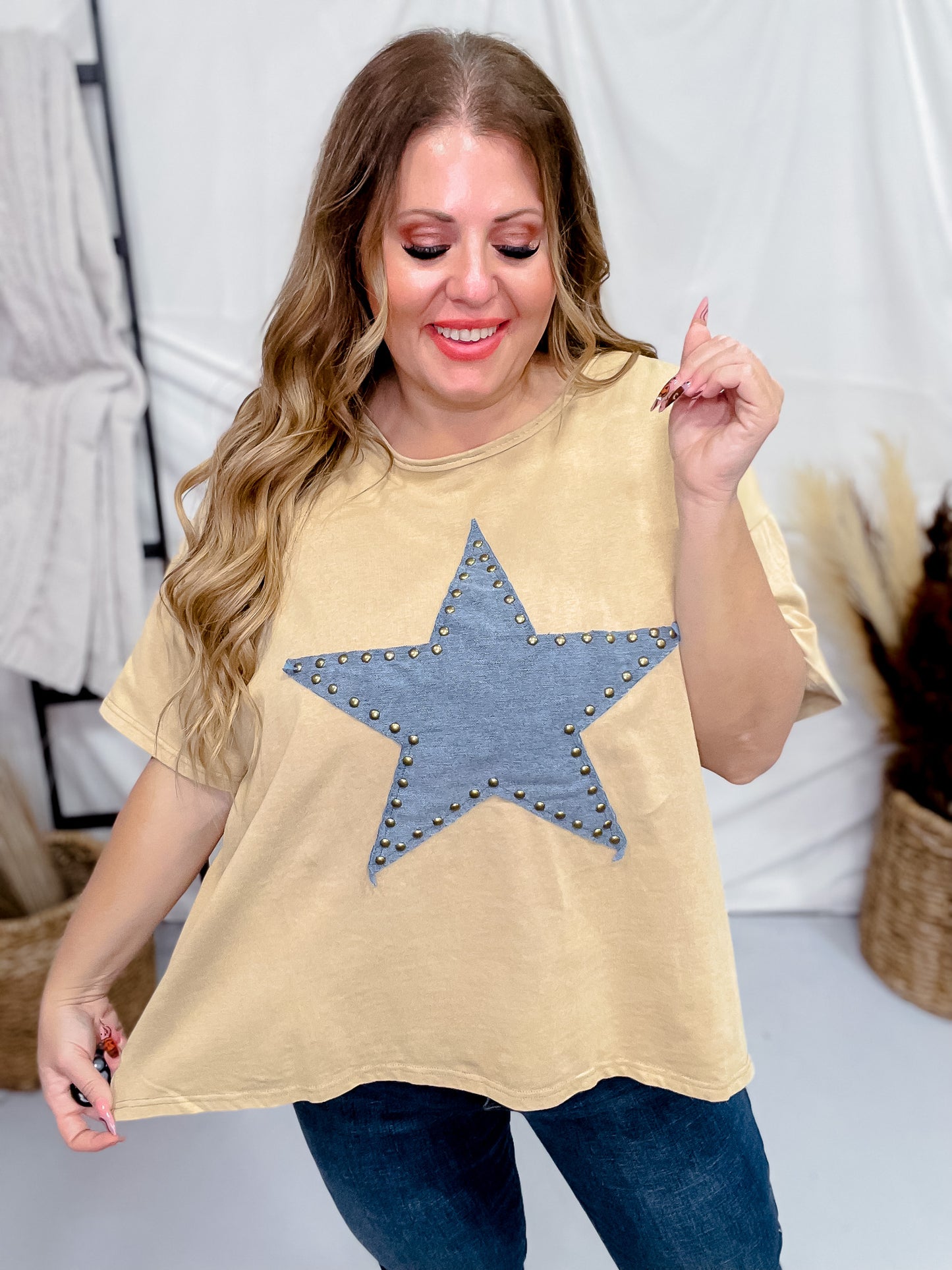 Khaki Short Sleeve Top with Denim Star Patch