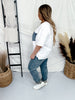 White Short Sleeve Top with Denim Front Pocket