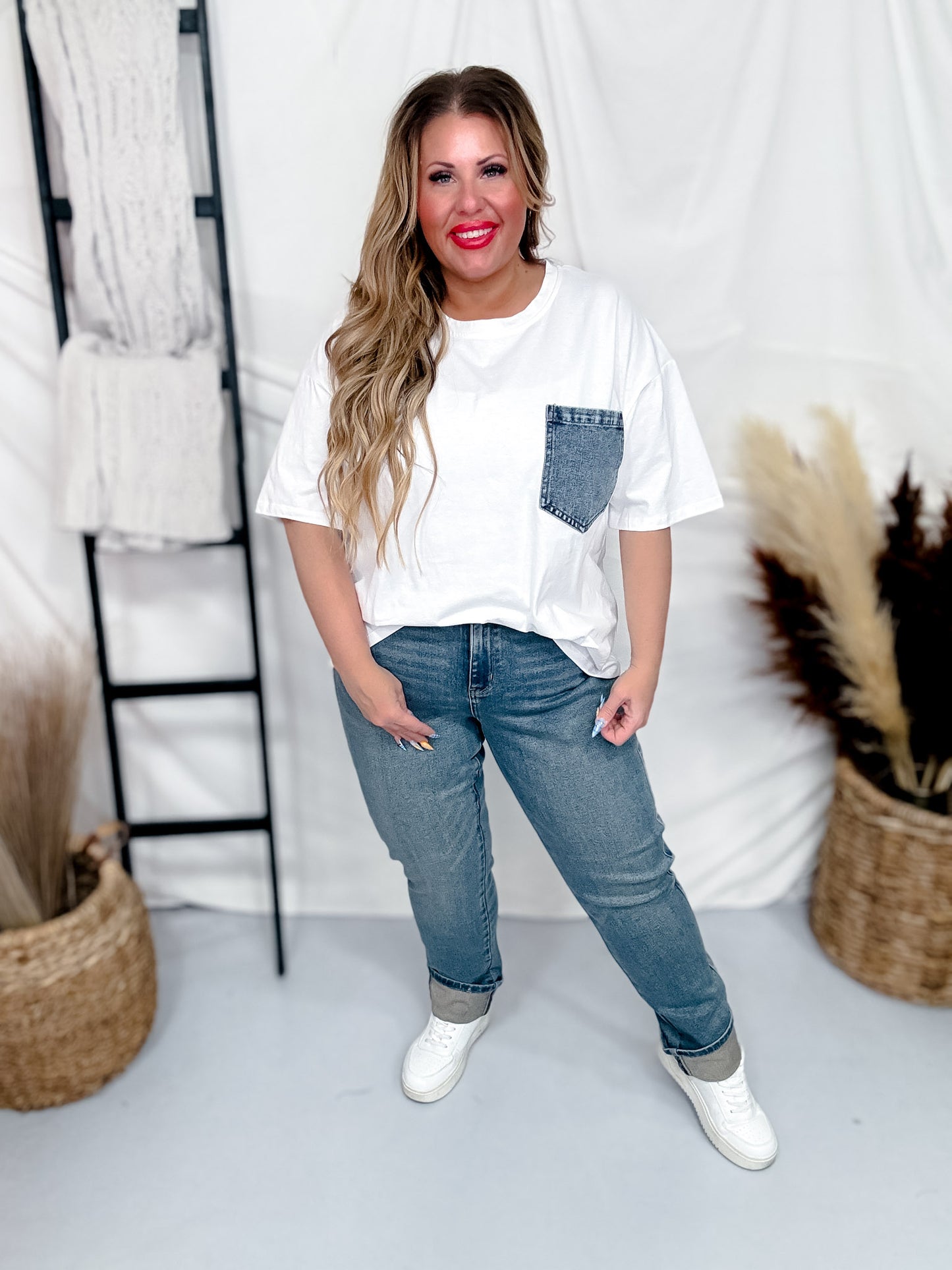 White Short Sleeve Top with Denim Front Pocket