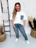 White Short Sleeve Top with Denim Front Pocket
