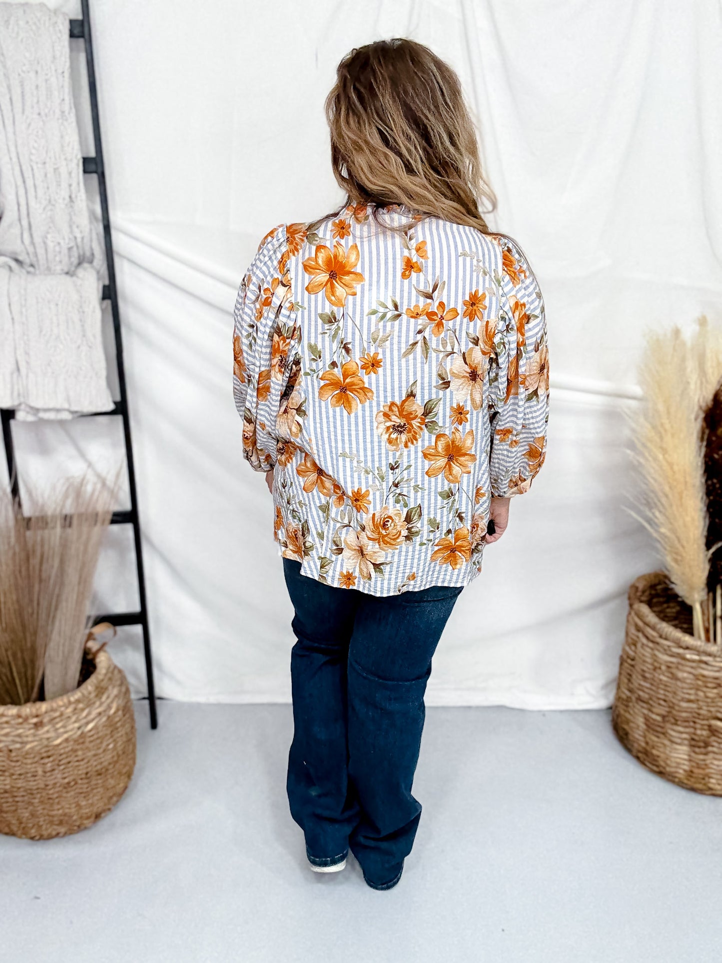 Blue Striped Floral Button Down Blouse With Shirred Front