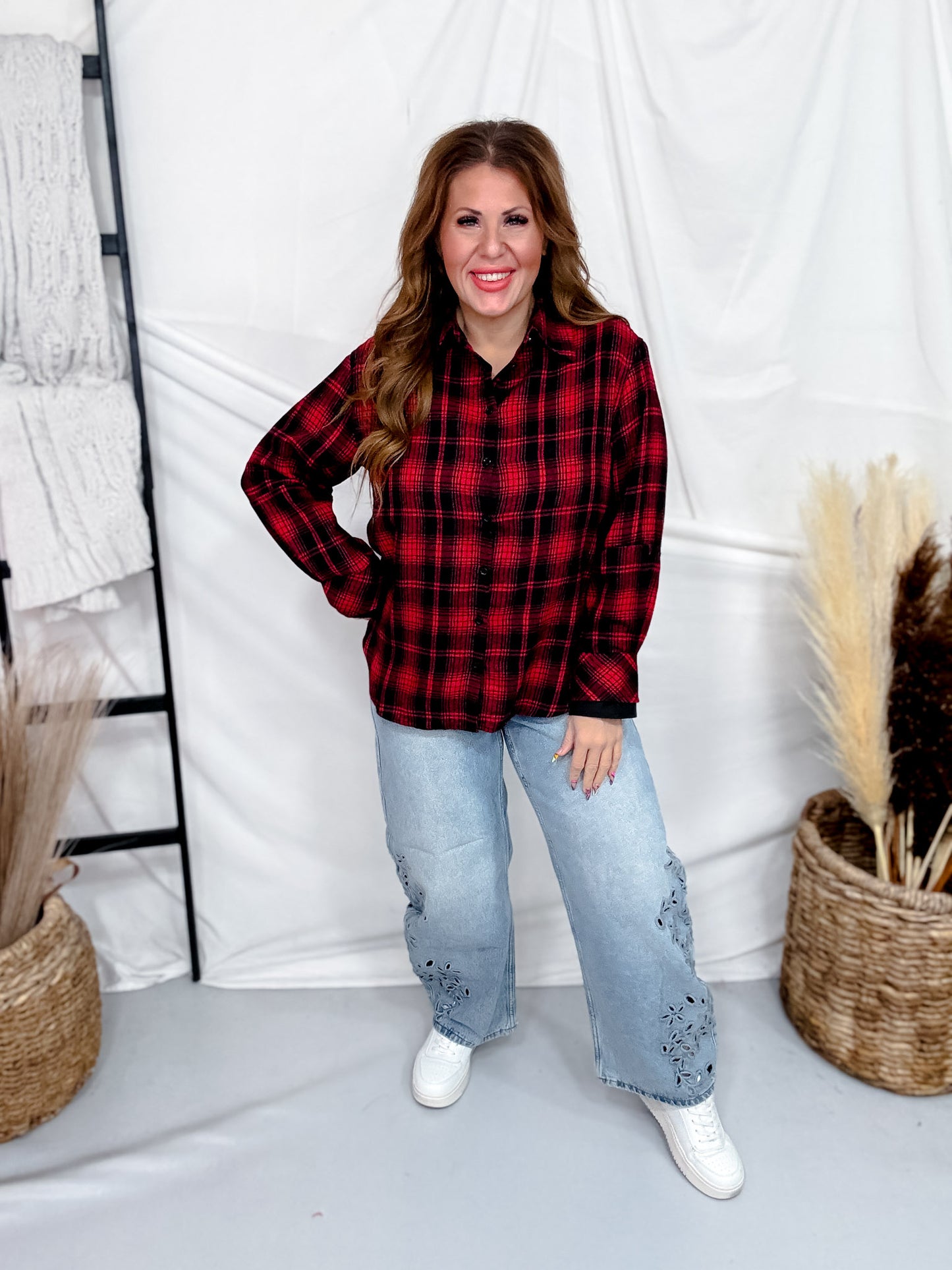 Red & Black Long Sleeve Button Front Flannel