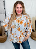 Blue Striped Floral Button Down Blouse With Shirred Front