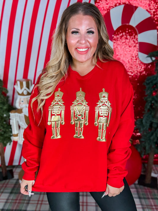 Crew Neck Sweatshirt With Gold Puff Nutcracker Graphic