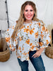 Blue Striped Floral Button Down Blouse With Shirred Front