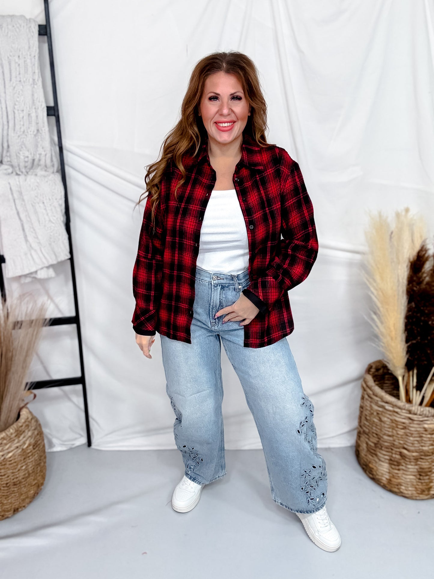 Red & Black Long Sleeve Button Front Flannel