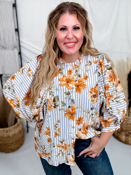 Blue Striped Floral Button Down Blouse With Shirred Front