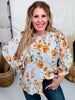 Blue Striped Floral Button Down Blouse With Shirred Front