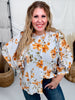 Blue Striped Floral Button Down Blouse With Shirred Front