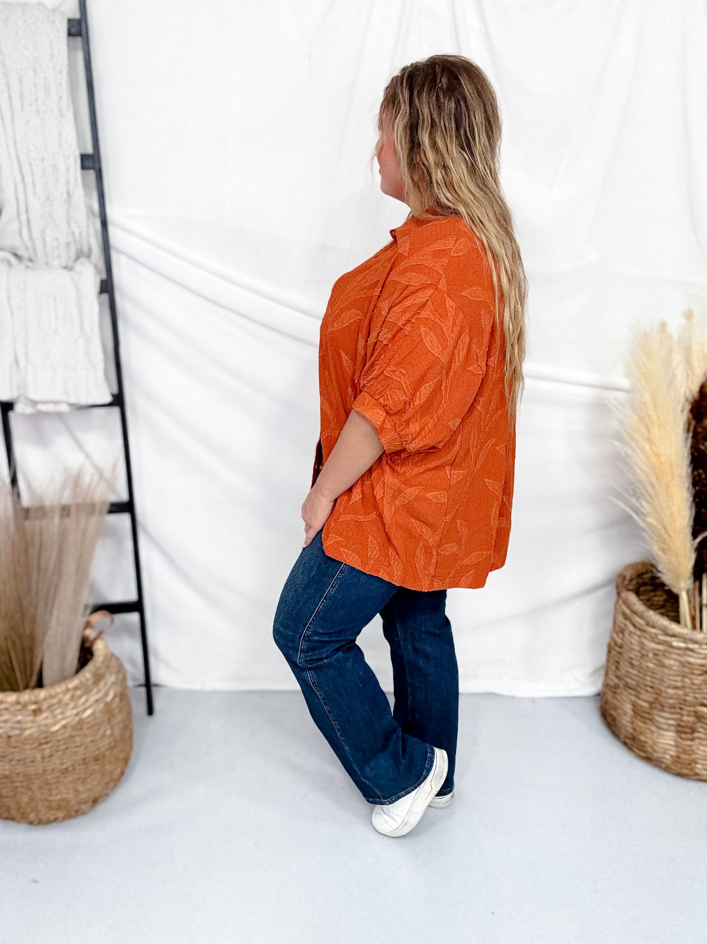Short Sleeve Rust Colored Floral Textured Blouse