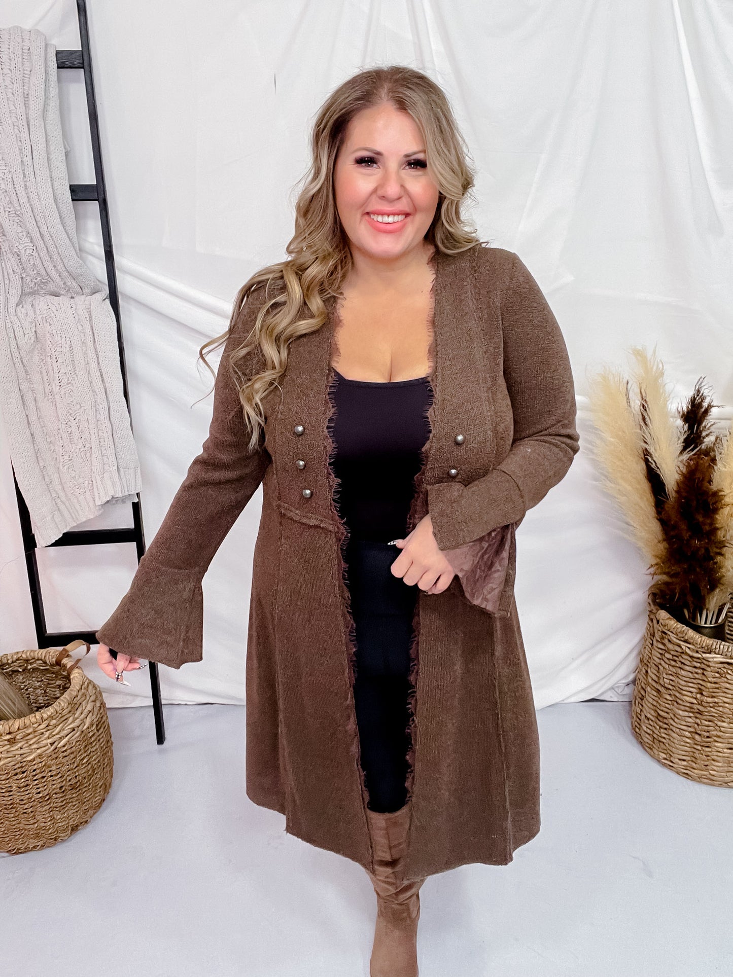 Brown Knit Open Front Cardigan with Flared Cuff Sleeves