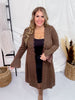 Brown Knit Open Front Cardigan with Flared Cuff Sleeves