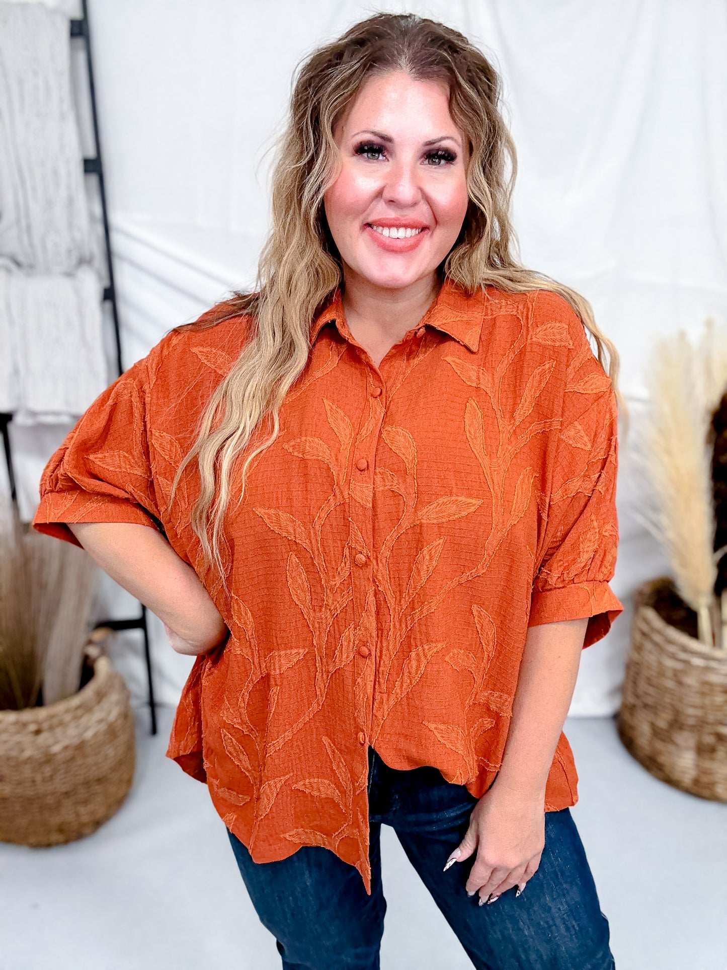 Short Sleeve Rust Colored Floral Textured Blouse