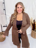 Brown Knit Open Front Cardigan with Flared Cuff Sleeves