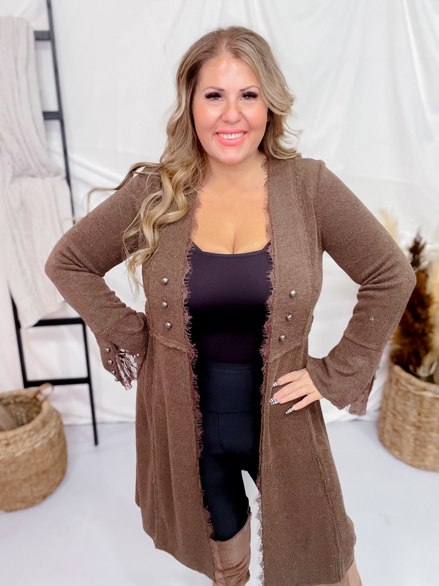 Brown Knit Open Front Cardigan with Flared Cuff Sleeves