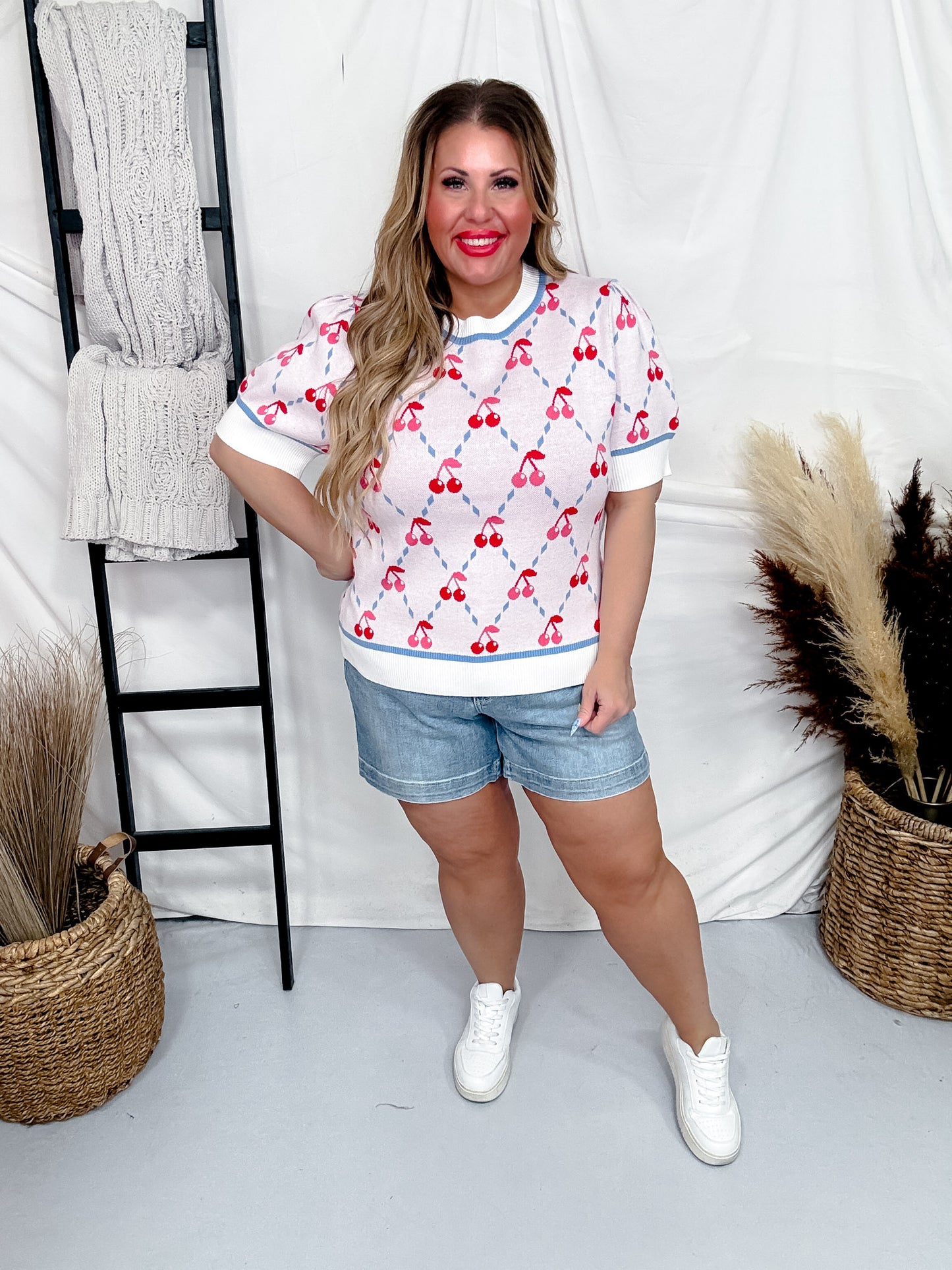 Cherry Argyle Patterned Short Sleeve Sweater